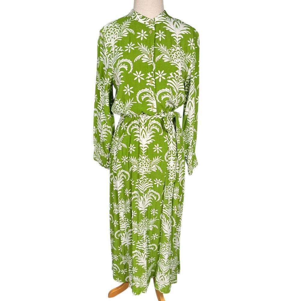 ZARA Green White Floral Button Down Maxi Dress M Resort Vacation Old Money Chic
